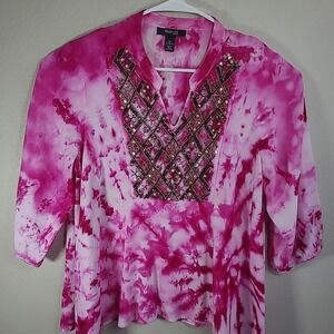 Style &Co 0X Pink Tie Dyed Boho Beaded Peasant Top 3/4 Sleeve V Neck Rayon